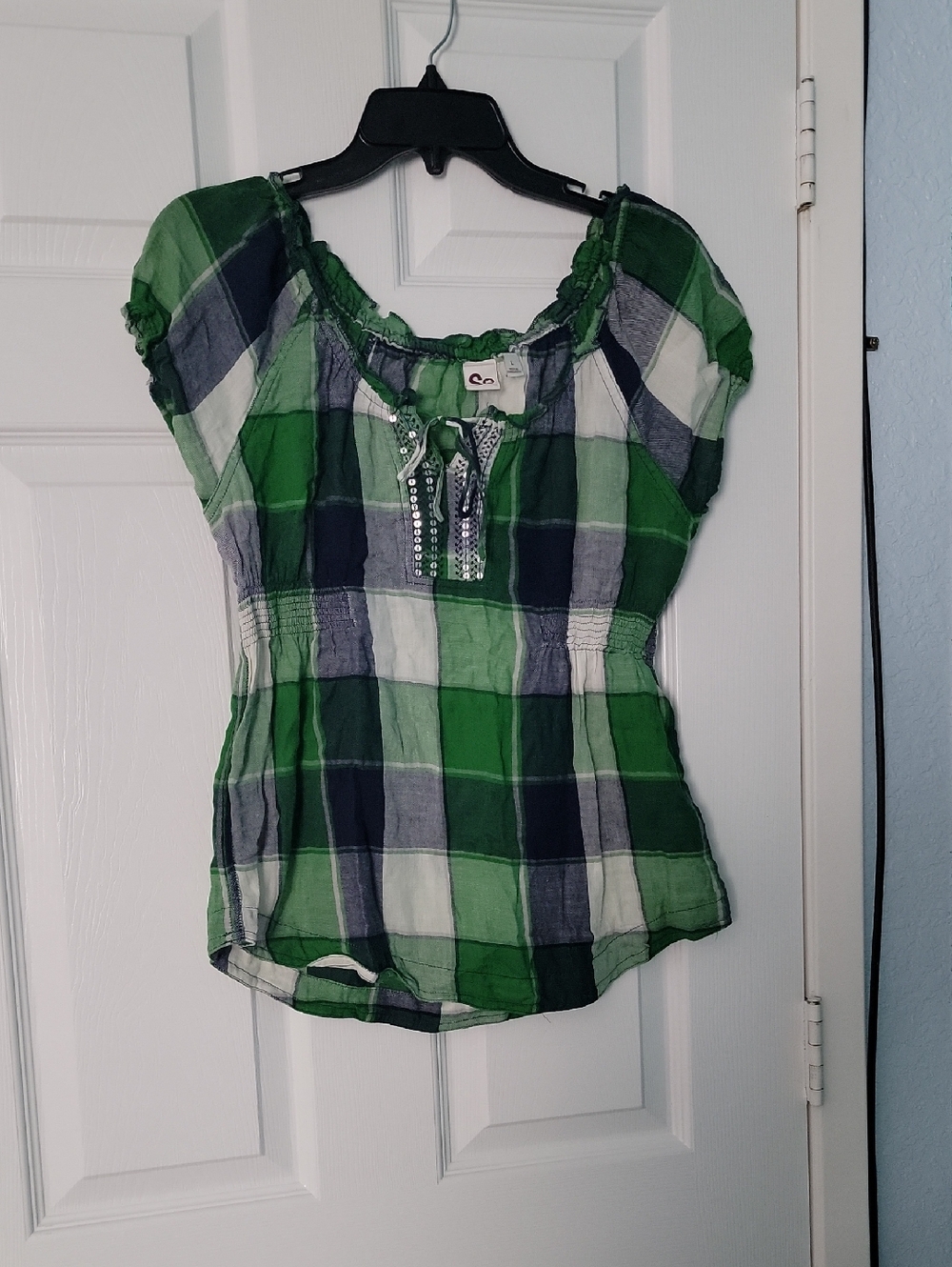 SO Green and White Plaid Peasant Blouse with Sequin Tie
